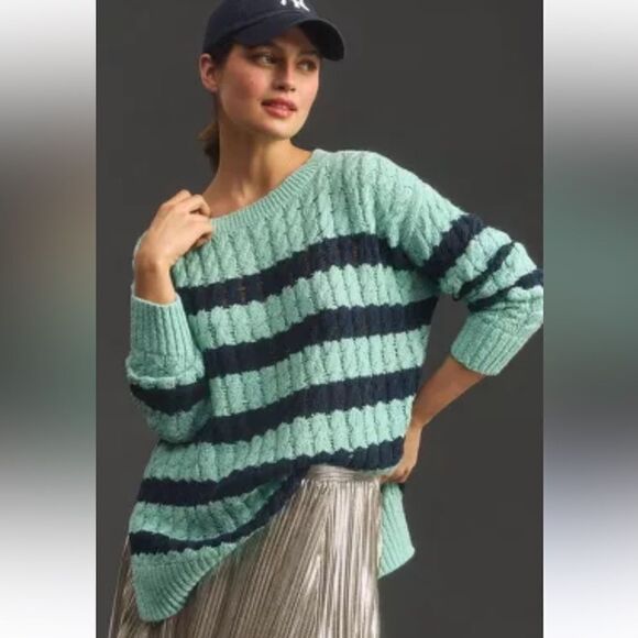 NWT Anthropologie Pilcro Longline Stitch Sweater Cotton Stripes XL - Picture 1 of 14
